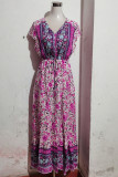 V Neck Buttoned Drawstring Bohemian Print Maxi Dress