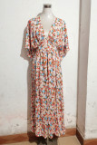 Pink Floral V Neck Flare Sleeves Split Maxi Dress