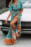 V Neck Buttoned Boho Print Maxi Dress