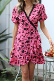 Rose Printed Wrap V Neck Side Sash Ruffles Dress