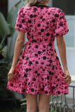 Rose Printed Wrap V Neck Side Sash Ruffles Dress