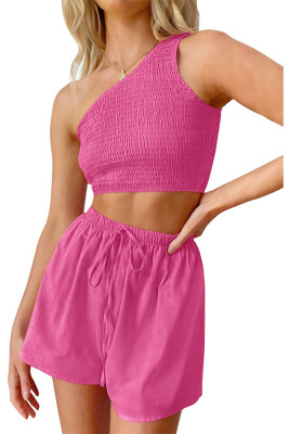 One Shoulder Smocked Crop Top with Elastic Waist Shorts 2pcs Set