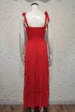 Plain Swiss Dot Smocked Tie Strap Maxi Dress