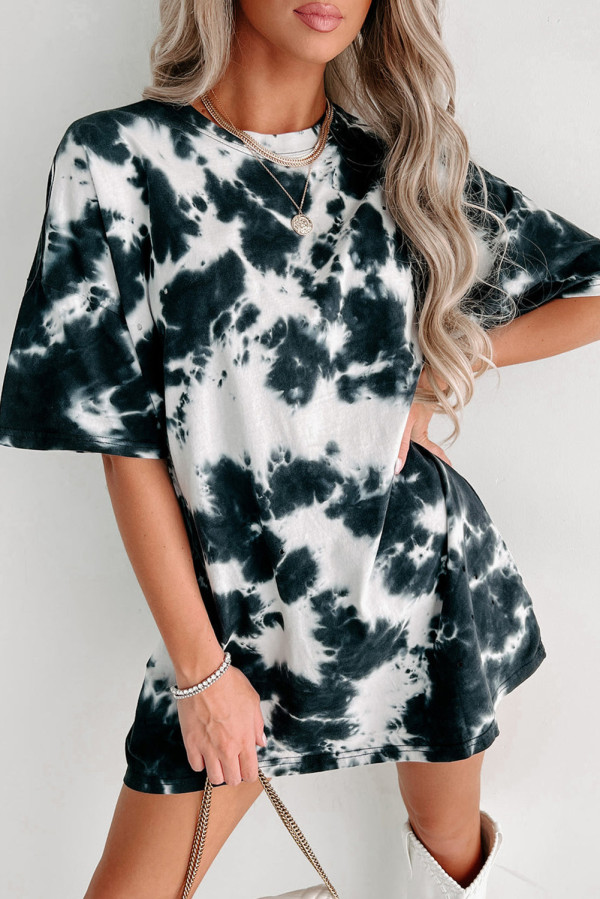 Black Tie-dye Round Neck Short Sleeve Top