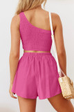 One Shoulder Smocked Crop Top with Elastic Waist Shorts 2pcs Set