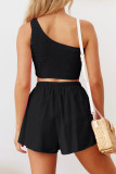 One Shoulder Smocked Crop Top with Elastic Waist Shorts 2pcs Set