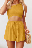 One Shoulder Smocked Crop Top with Elastic Waist Shorts 2pcs Set