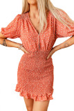 Red V Neck Printed Smocked Mini Dress