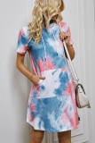 Blue Tie Dye Kangaroo Pocket Short Sleeves Hoodies Dress