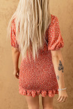 Red V Neck Printed Smocked Mini Dress