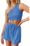 One Shoulder Smocked Crop Top with Elastic Waist Shorts 2pcs Set