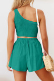 One Shoulder Smocked Crop Top with Elastic Waist Shorts 2pcs Set