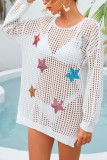 White Knit Hollow Out Kimono With Sequin Stars