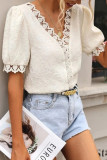 White Lace Jacquard Short Sleeve V Neck Casual Shirt