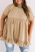 Khaki Plus Size Crinkle Textured Ruffle Trim Babydoll Top