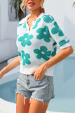 Turn Down Collar V Neck Flower Knit Short Sleeves Top