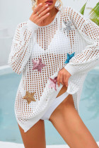 White Knit Hollow Out Kimono With Sequin Stars