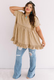 Khaki Plus Size Crinkle Textured Ruffle Trim Babydoll Top