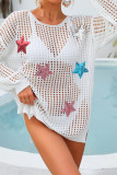 White Knit Hollow Out Kimono With Sequin Stars
