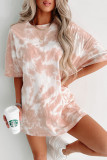 Pink Tie-dye Round Neck Short Sleeve Top