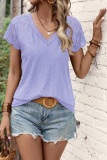 Plain Lace Crochet V Neck Short Sleeves Top