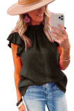 Black Flutter Sleeve Frilled Neck Textured Blouse