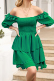 Square Neck Puff Sleeves Tiered Ruffle Dress