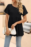 Plain Eyelet Pattern Ruffles Sleeves Babydoll Top