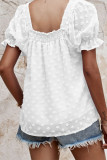 Plain Puff Square Neck Jacquard Flower Blouse Top
