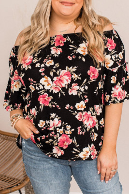 Black Floral Print Off Shoulder Plus Size Blouse