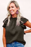 Black Flutter Sleeve Frilled Neck Textured Blouse