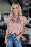 Pink Twist High Neck Puff Sleeve Satin Blouse