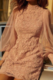 Pink Floral Lace Crochet Sheer Puff Sleeve Mini Dress