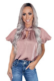 Pink Twist High Neck Puff Sleeve Satin Blouse