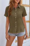 Plain Open Button Pocket Fold Cuff Short Sleeves Blouse Shirt