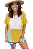 Yellow Colorblock Stitching Short Sleeve Rib Knit Top