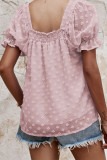Plain Puff Square Neck Jacquard Flower Blouse Top