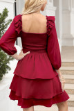 Square Neck Puff Sleeves Tiered Ruffle Dress