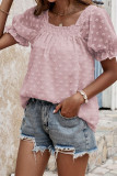 Plain Puff Square Neck Jacquard Flower Blouse Top