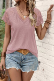Plain Lace Crochet V Neck Short Sleeves Top