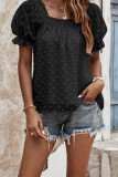 Plain Puff Square Neck Jacquard Flower Blouse Top