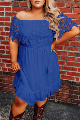 Blue Off-the-shoulder Lace Sleeves Plus size Dress
