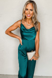 Green Spaghetti Straps Cowl Neck Satin Jumpsuit