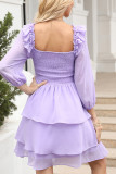 Square Neck Puff Sleeves Tiered Ruffle Dress
