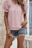 Plain Puff Square Neck Jacquard Flower Blouse Top