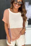 Orange Colorblock Stitching Short Sleeve Rib Knit Top