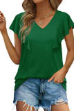 Plain V Neck Pleated Ruffle Sleeves Blouse