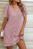 Plain V Neck Lace Edge Swiss Dot Mini Dress