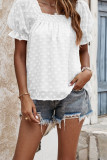 Plain Puff Square Neck Jacquard Flower Blouse Top