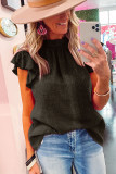 Black Flutter Sleeve Frilled Neck Textured Blouse